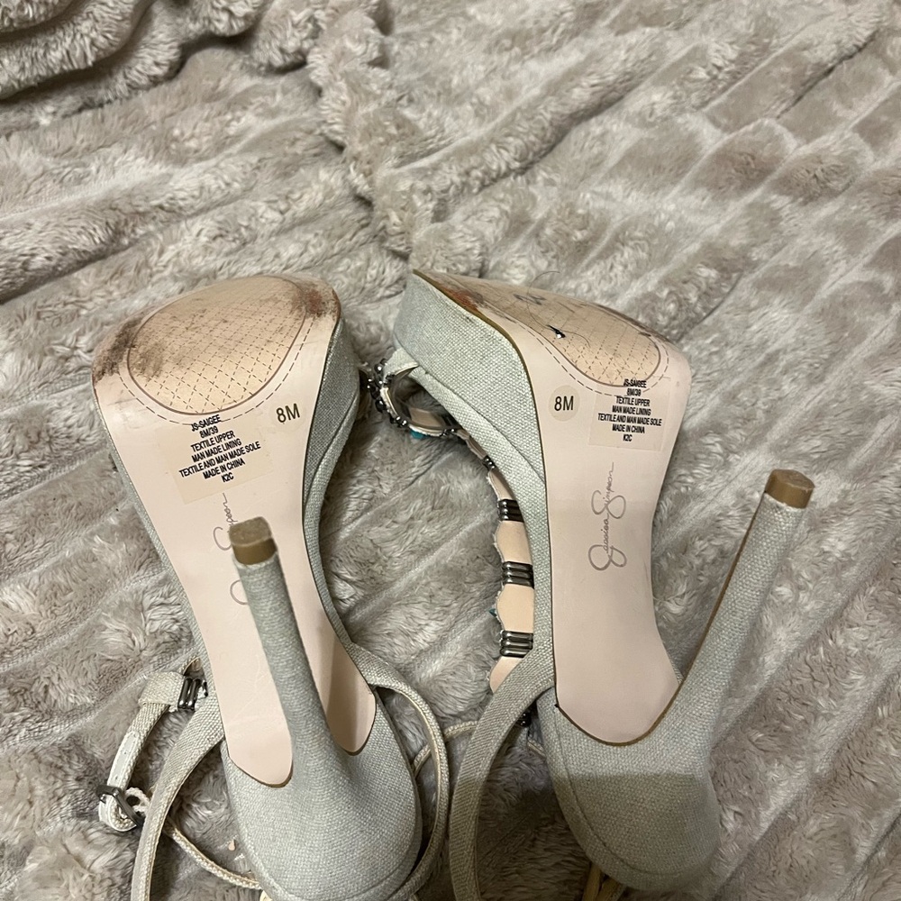 Jessica Simpson Beaded T-Strap Beige and Turquoise Platform Sandals - Picture 6 of 7